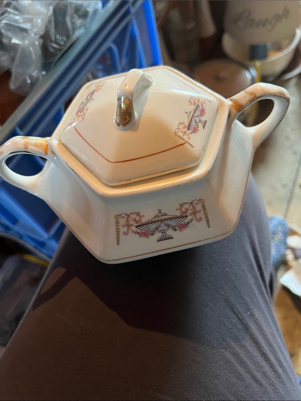 Hexagonal Vintage Porcelain Sugar Bowl with Floral Urn Motif